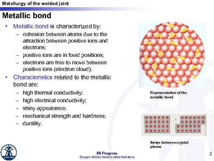 Metallurgy of the welded joint Metallic bond • Metallic bond is characterized by: –