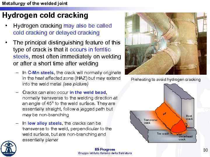 Metallurgy of the welded joint Hydrogen cold cracking • Hydrogen cracking may also be