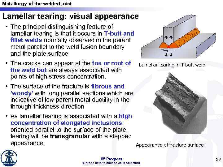 Metallurgy of the welded joint Lamellar tearing: visual appearance • The principal distinguishing feature