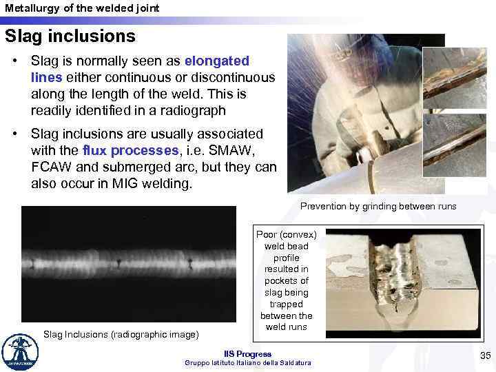 Metallurgy of the welded joint Slag inclusions • Slag is normally seen as elongated