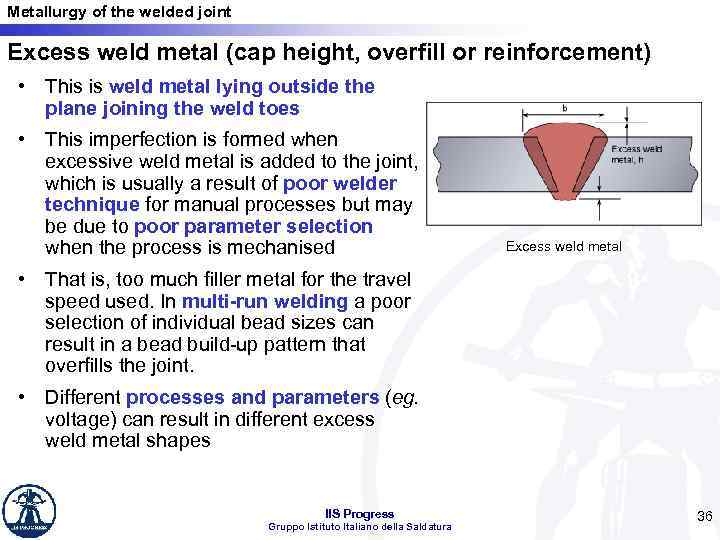 Metallurgy of the welded joint Excess weld metal (cap height, overfill or reinforcement) •