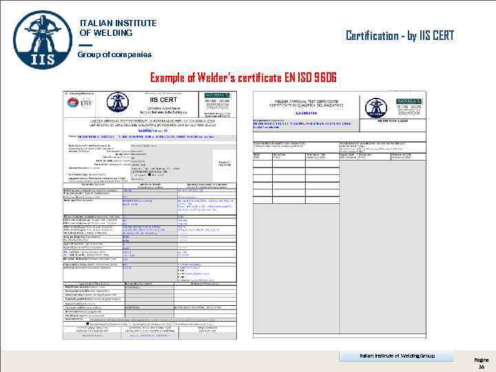 ITALIAN INSTITUTE OF WELDING Certification - by IIS CERT Group of companies Example of