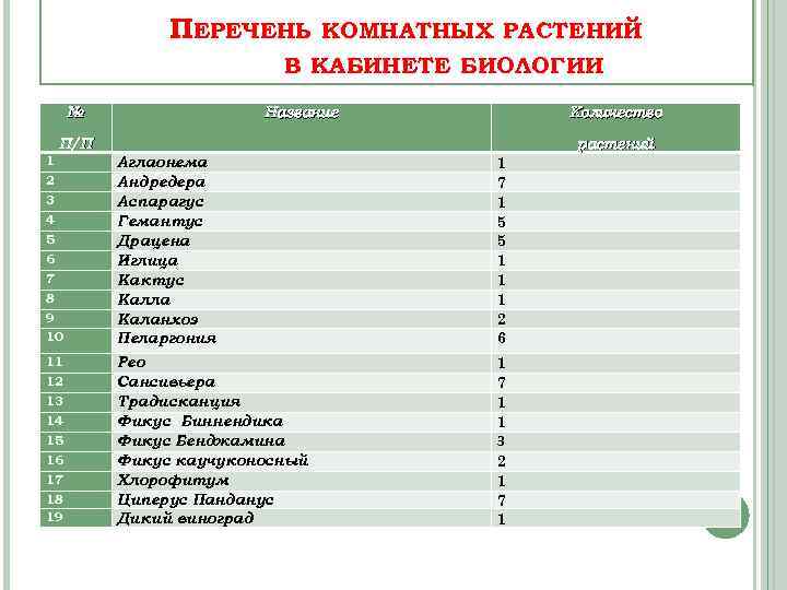  ПЕРЕЧЕНЬ КОМНАТНЫХ РАСТЕНИЙ В КАБИНЕТЕ БИОЛОГИИ № П/П Название Количество 1 2 3