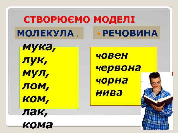 СТВОРЮЄМО МОДЕЛІ МОЛЕКУЛА кума, мука, лук, мул, лом, ком, лак, кома . РЕЧОВИНА Човен