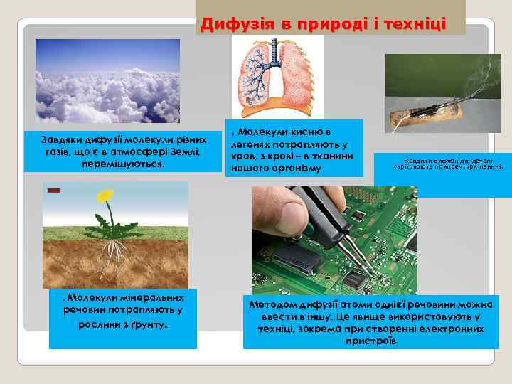 Дифузія в природі і техніці Завдяки дифузії молекули різних газів, що є в атмосфері