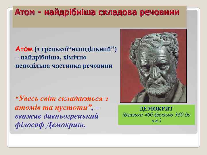 Атом - найдрібніша складова речовини Атом (з грецької“неподільний”) – найдрібніша, хімічно неподільна частинка речовини