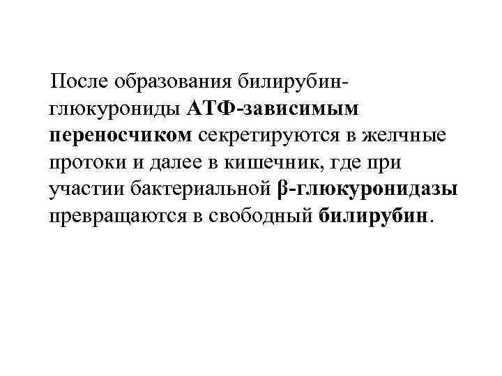 После образования билирубинглюкурониды АТФ-зависимым переносчиком секретируются в желчные протоки и далее в кишечник, где