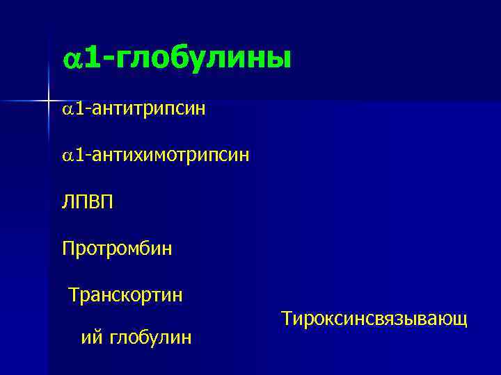  1 -глобулины 1 -антитрипсин 1 -антихимотрипсин ЛПВП Протромбин Транскортин ий глобулин Тироксинсвязывающ 