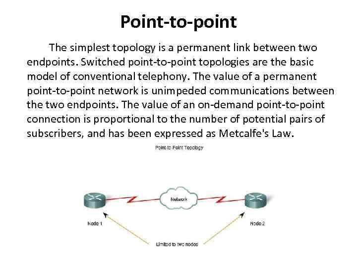 Point-to-point The simplest topology is a permanent link between two endpoints. Switched point-to-point topologies