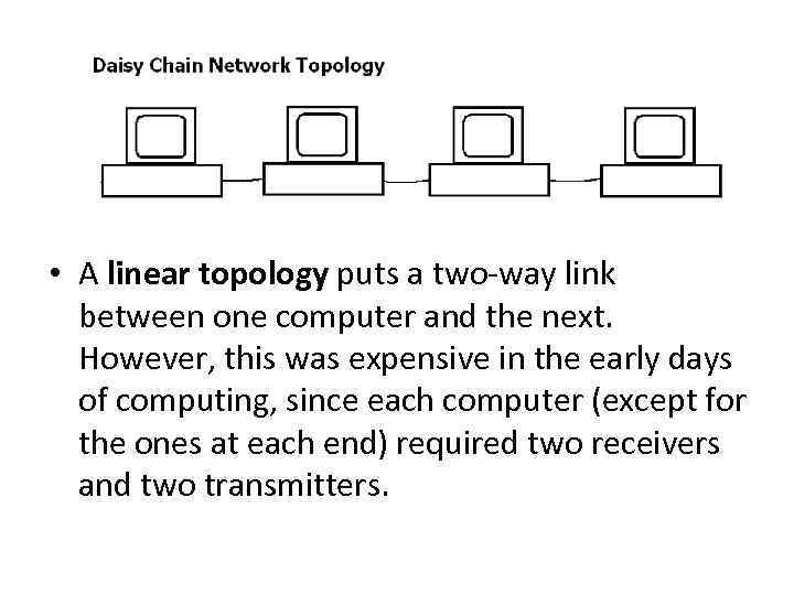  • A linear topology puts a two-way link between one computer and the