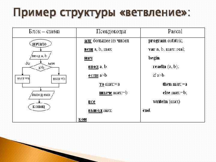 Пример структуры «ветвление» : 