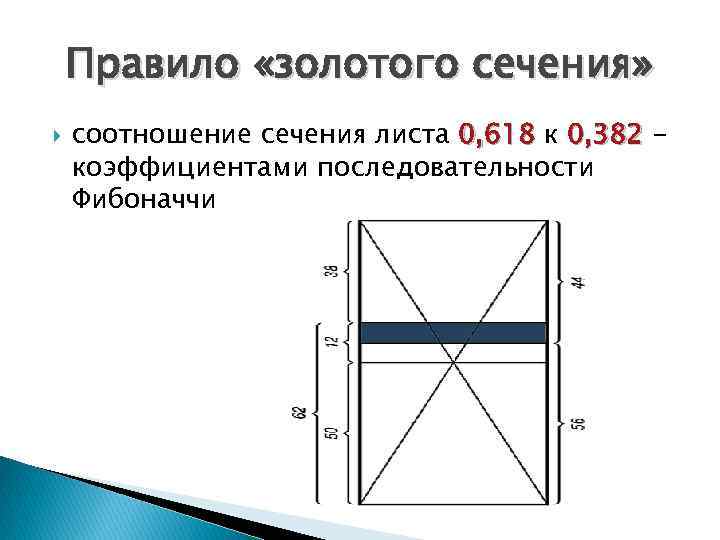 Правило «золотого сечения» соотношение сечения листа 0, 618 к 0, 382 коэффициентами последовательности Фибоначчи