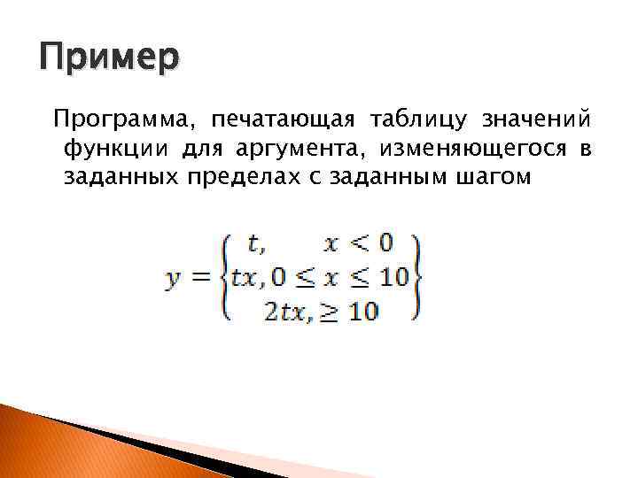 Пример Программа, печатающая таблицу значений функции для аргумента, изменяющегося в заданных пределах с заданным