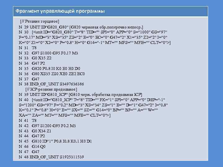 Фрагмент управляющей программы [// Резание торцовое] N 29 UNIT ID"G 820_G 80" [G 820