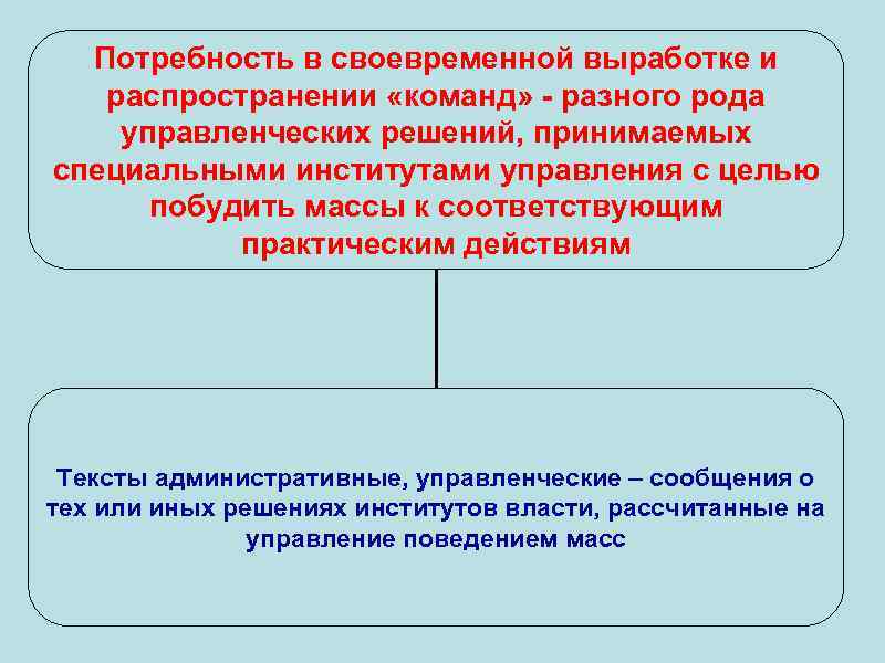 Потребность в своевременной выработке и распространении «команд» - разного рода управленческих решений, принимаемых специальными