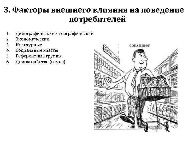 3. Факторы внешнего влияния на поведение потребителей 1. 2. 3. 4. 5. 6. Демографические