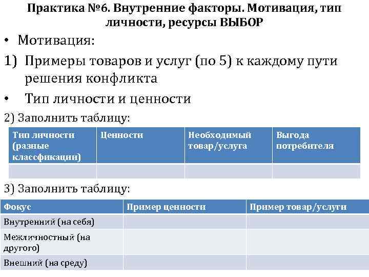 Практика № 6. Внутренние факторы. Мотивация, тип личности, ресурсы ВЫБОР • Мотивация: 1) Примеры