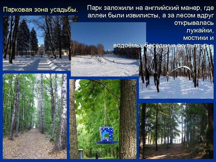 Парковая зона усадьбы. Парк заложили на английский манер, где аллеи были извилисты, а за