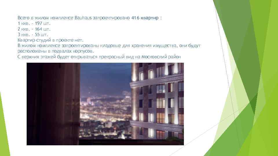 Всего в жилом комплексе Bauhaus запроектировано 416 квартир : 1 ккв. - 197 шт.
