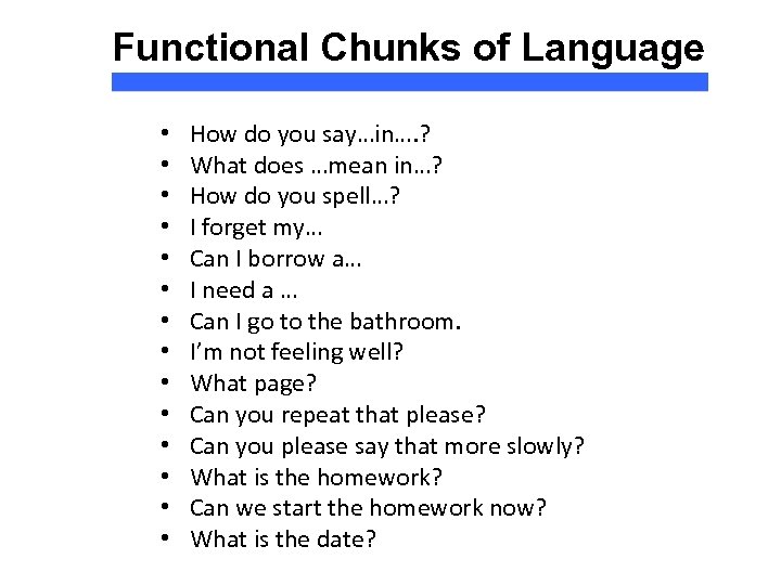 Functional Chunks of Language • • • • How do you say…in…. ? What