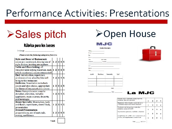 Performance Activities: Presentations ØSales pitch ØOpen House 