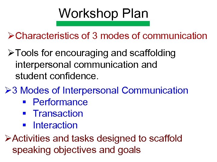 Workshop Plan ØCharacteristics of 3 modes of communication ØTools for encouraging and scaffolding interpersonal