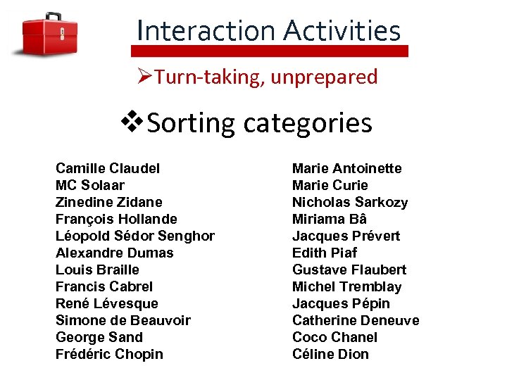 Interaction Activities ØTurn-taking, unprepared v. Sorting categories Camille Claudel MC Solaar Zinedine Zidane François