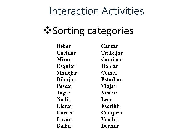 Interaction Activities v. Sorting categories Beber Cocinar Mirar Esquiar Manejar Dibujar Pescar Jugar Nadir
