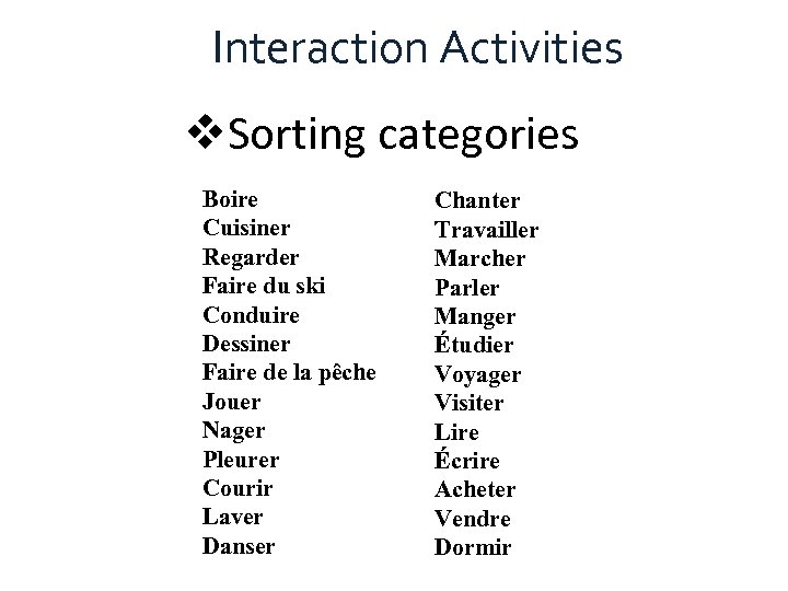 Interaction Activities v. Sorting categories Boire Cuisiner Regarder Faire du ski Conduire Dessiner Faire