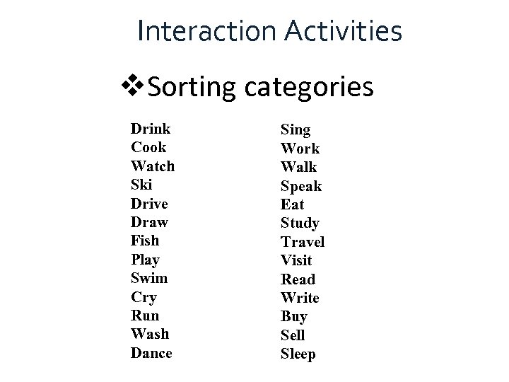 Interaction Activities v. Sorting categories Drink Cook Watch Ski Drive Draw Fish Play Swim