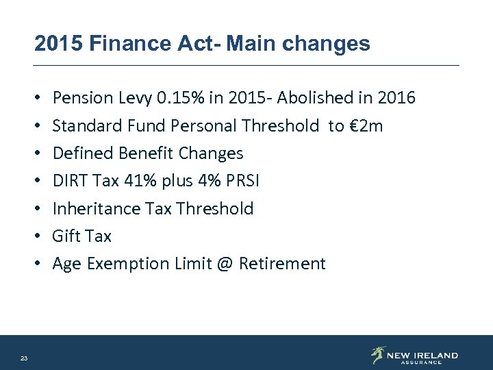 2015 Finance Act- Main changes • • 23 Pension Levy 0. 15% in 2015