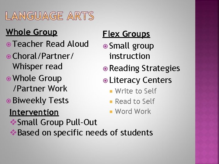 Whole Group Flex Groups Teacher Read Aloud Small group Choral/Partner/ instruction Whisper read Reading