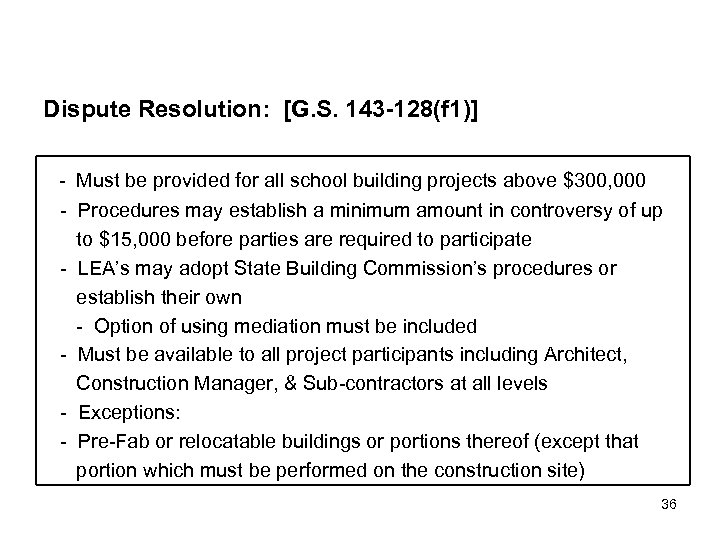 Dispute Resolution: [G. S. 143 -128(f 1)] - Must be provided for all school