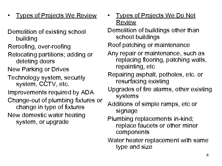  • Types of Projects We Review • Types of Projects We Do Not