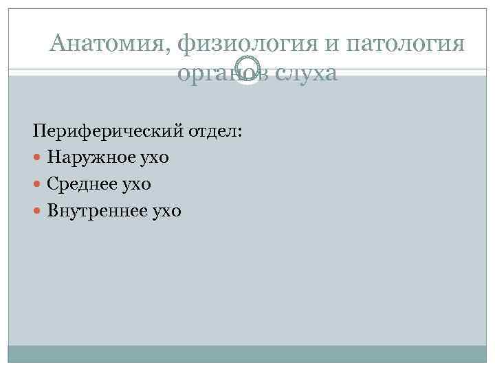 Анатомия, физиология и патология органов слуха Периферический отдел: Наружное ухо Среднее ухо Внутреннее ухо