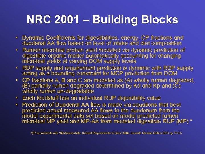 NRC 2001 – Building Blocks • Dynamic Coefficients for digestibilities, energy, CP fractions and