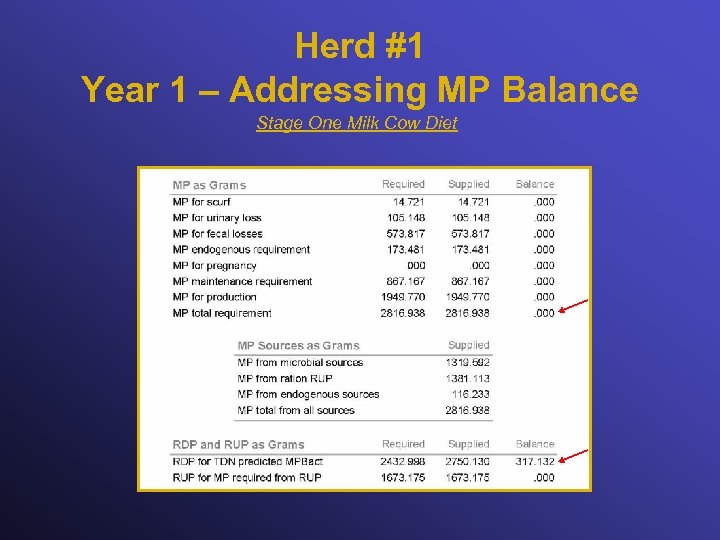 Herd #1 Year 1 – Addressing MP Balance Stage One Milk Cow Diet 