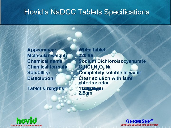 Hovid’s Na. DCC Tablets Specifications Appearance: Molecular weight: Chemical name: Chemical formula: Solubility: Dissolution: