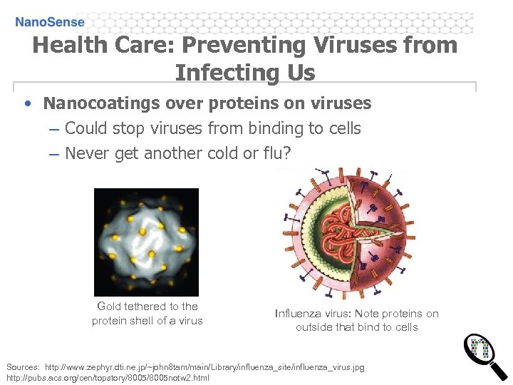 Health Care: Preventing Viruses from Infecting Us • Nanocoatings over proteins on viruses –