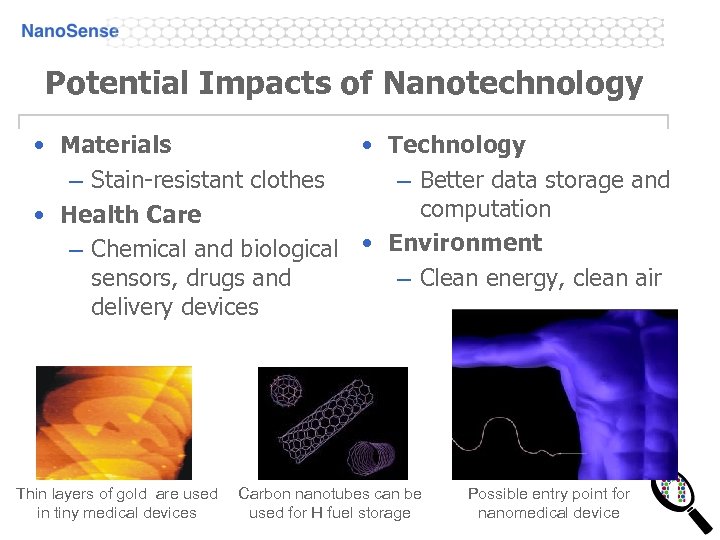 Potential Impacts of Nanotechnology • Materials • Technology – Stain-resistant clothes – Better data