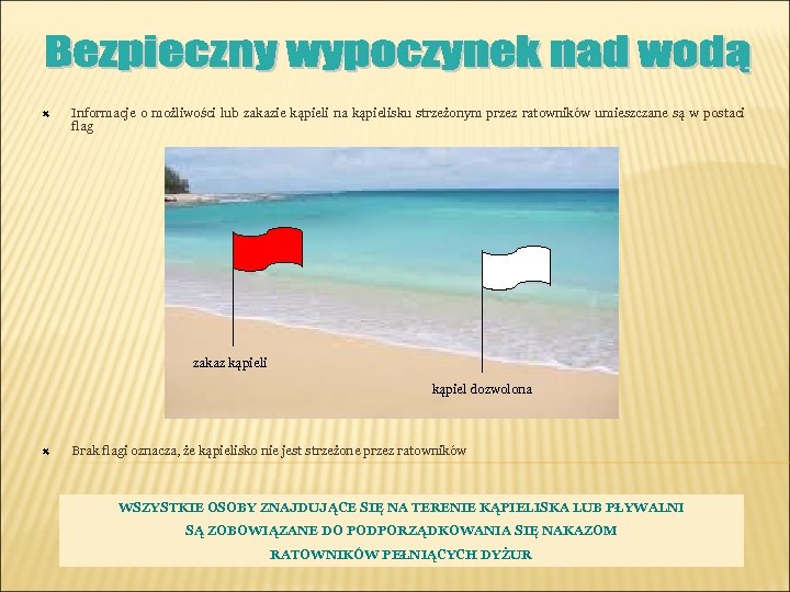  Informacje o możliwości lub zakazie kąpieli na kąpielisku strzeżonym przez ratowników umieszczane są