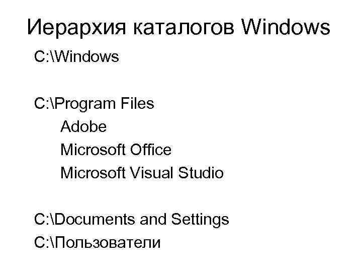Иерархия каталогов Windows C: Program Files Adobe Microsoft Office Microsoft Visual Studio C: Documents