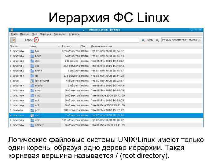 Иерархия ФС Linux Логические файловые системы UNIX/Linux имеют только один корень, образуя одно дерево