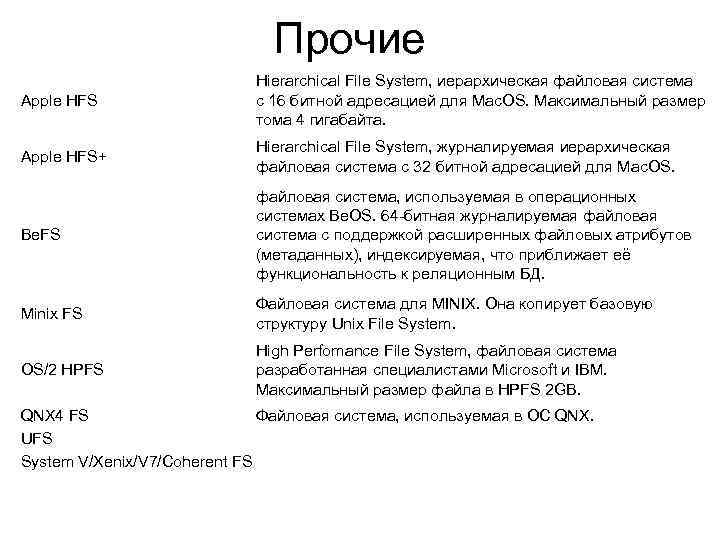 Прочие Apple HFS Hierarchical File System, иерархическая файловая система с 16 битной адресацией для