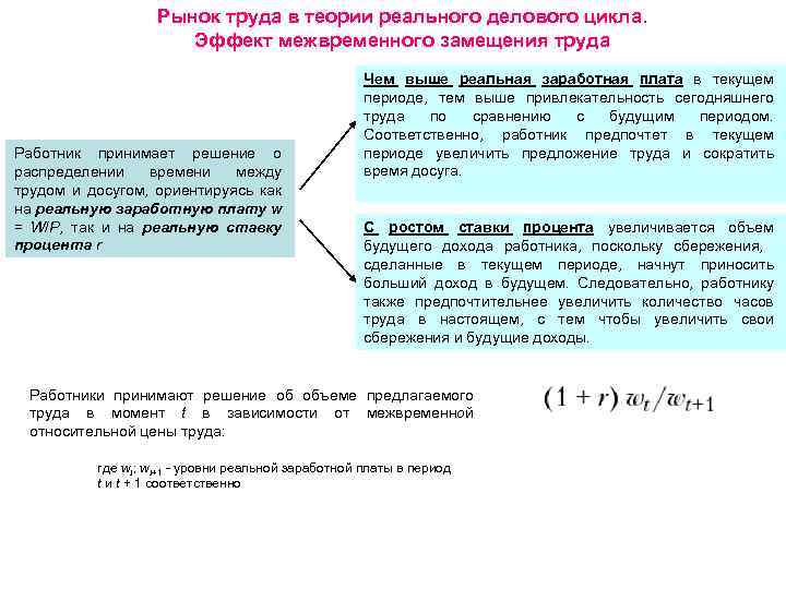 Рынок труда в теории реального делового цикла. Эффект межвременного замещения труда Работник принимает решение