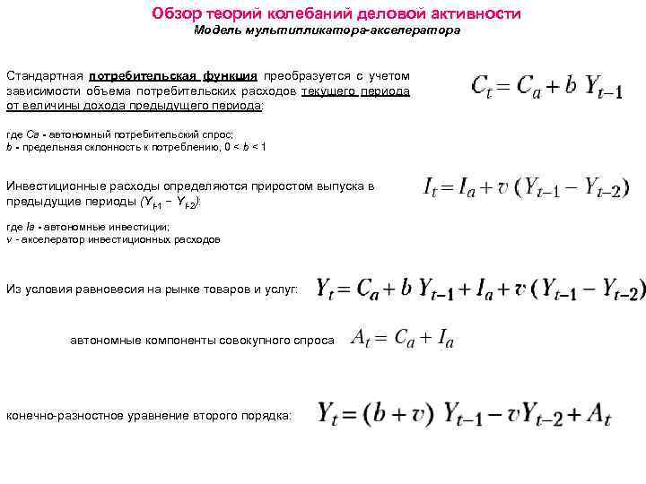 Обзор теорий колебаний деловой активности Модель мультипликатора-акселератора Стандартная потребительская функция преобразуется с учетом зависимости