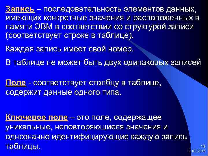 Запись – последовательность элементов данных, имеющих конкретные значения и расположенных в памяти ЭВМ в