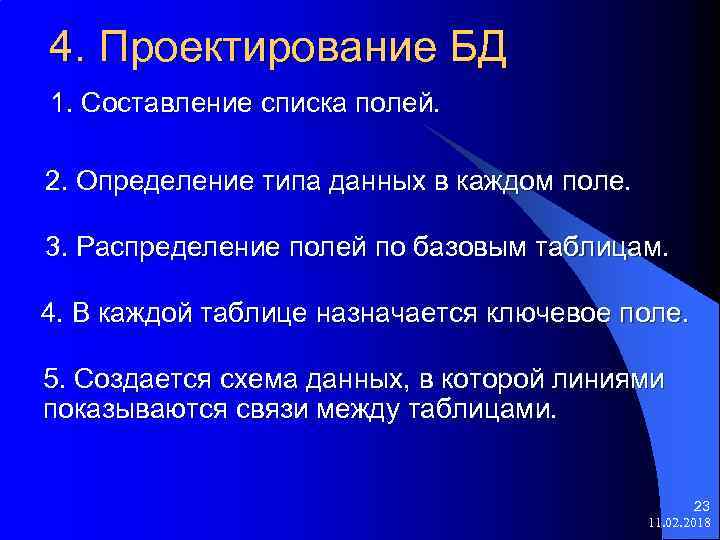 4. Проектирование БД 1. Составление списка полей. 2. Определение типа данных в каждом поле.