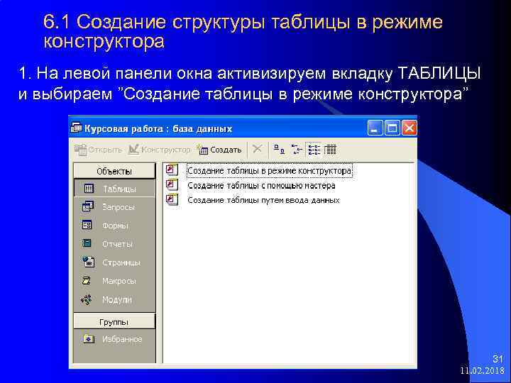 6. 1 Создание структуры таблицы в режиме конструктора 1. На левой панели окна активизируем