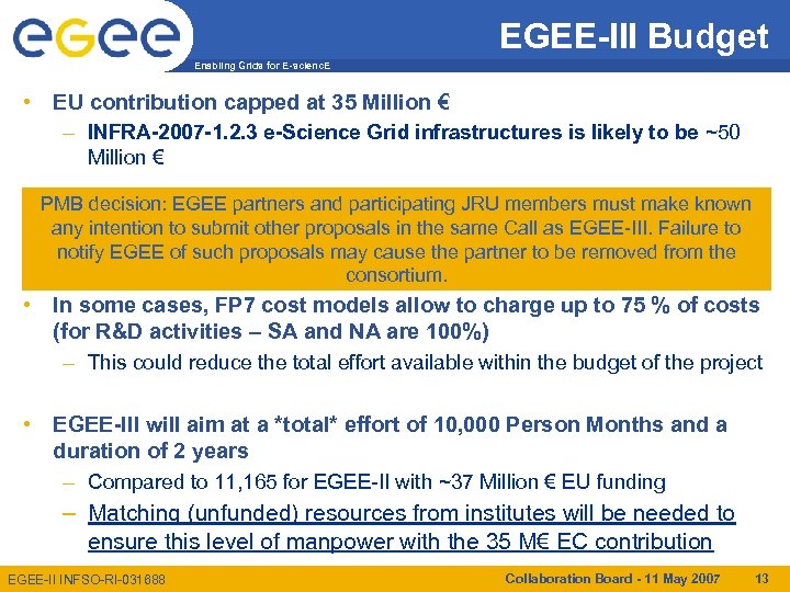 EGEE-III Budget Enabling Grids for E-scienc. E • EU contribution capped at 35 Million